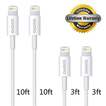 (4Pack) SOOYO(TM) 2Pack 3ft   2Pack 10ft 8-Pin Lightning to USB Cable Sync and Charging Cord Wire for iPhone 6 iPhone 6 Plus iPhone 5 5c 5s iPad 4 Mini Air iPod Nano 7 iPod Touch 5(4pcs,White)