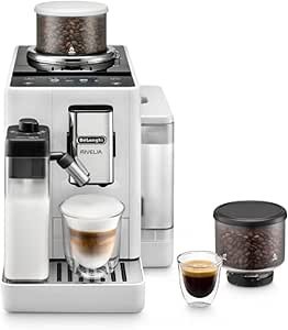 De'Longhi Rivelia EXAM440.55.W, Fully Automatic Coffee Machine with LatteCrema Hot, Automatic Milk Frother, Compact Size Bean to Cup Coffee Machine, 16 Recipes, Touch Colored Display, Arctic White