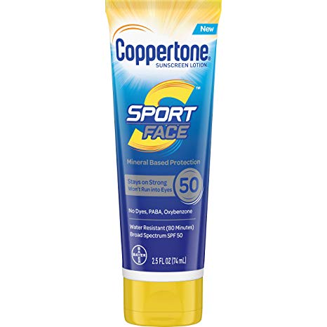 Coppertone Sport Face SPF 50 Sunscreen Mineral Based Lotion, Dye Free, PABA Free & Oxybenzone Free (2.5 FL Ounces)