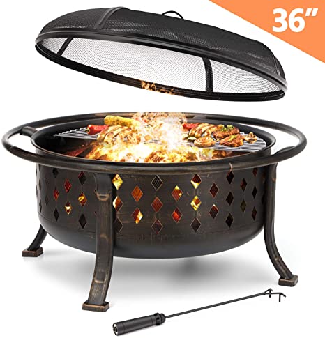 KINGSO 36" Fire Pit Outdoor Large Steel Wood Burning Fire Pits Bowl BBQ Grill Firepit for Outside with Spark Screen Cooking Grid Poker for Backyard Garden Camping Bonfire Patio, Oil Rubbed Bronze