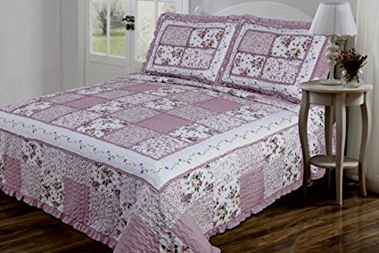 3 PC Quilted Bedspread Coverlet Mauve and Cream Floral Patchwork Design with Ruffles 100% High Quality Microfiber Full Size