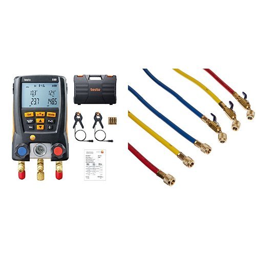 Testo 0563 1550 Digital Manifold Kit, Bluetooth Supported and Yellow Jacket 29985 Plus II 1/4" Hose with Compact Ball Valve, 60" (Pack of 3) bundle