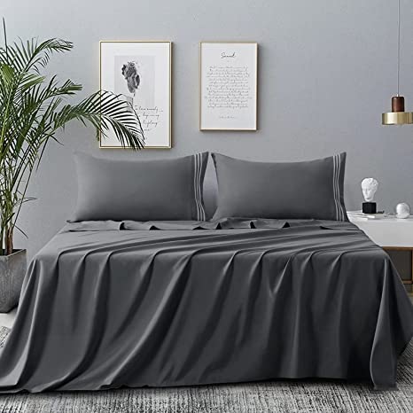 CozyLux Queen Bed Sheets Set 1800 Series 4-Piece Embroidered Double Brushed Microfiber Sheets 16" Deep Pocket Hotel Soft Luxury Bedding Sheet Set, Wrinkle Resistant, Dark Grey/Gray