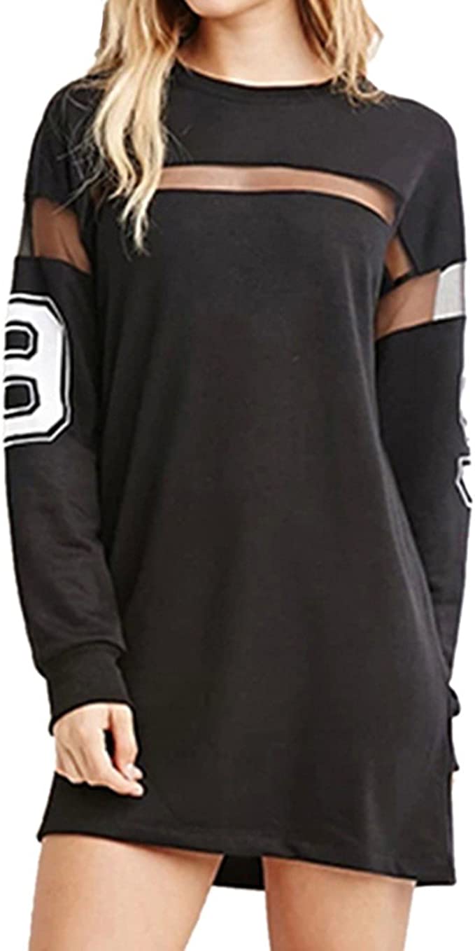 QIYUN.Z Women Black Printed Baseball Loose Shirt Dress Splicing Long Sleeves Lace Mini Dress