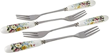 Katie Alice English Garden Stainless Steel 4-Piece Set of Pastry Forks with Porcelain Handle by Creative Tops, 15.5 cm (6”)