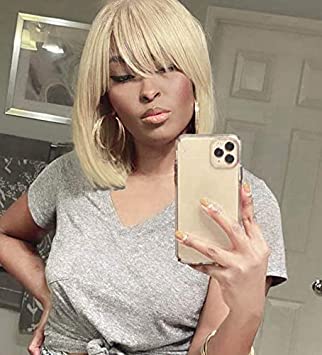 Annivia Platinum Blonde Short Wig for White Women 12'' Quality Cosplay Blonde Wig Natural As Real Human Hair Heat Resistant Synthetic Short Bob Wigs with Bangs (Blonde) …
