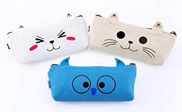 IPOW 3 Pack Adorable Cute Animal Cat Dog Owl Canvas Cosmetic Pencil Bag Pen Case,Students Stationery Pouch Zipper Bag for School Supplies,Tools,Gadgets