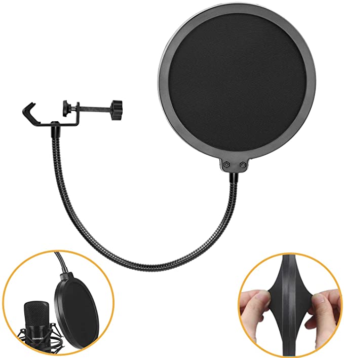 Microphone Pop Filter Mask Shield For Microphone, Z ZAFFIRO Dual Layered Wind Pop Screen With Flexible 360°Gooseneck Clip Stabilizing Arm