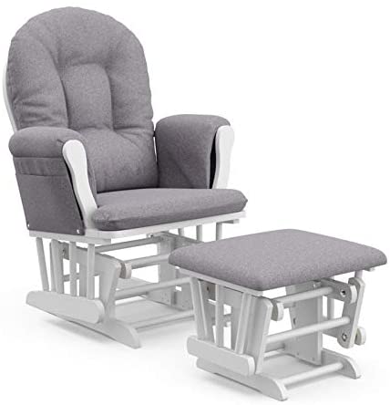 Pemberly Row Custom White Slate Hoop Glider and Ottoman Set in Gray Swirl - Smooth Gliding Chair for Nursery, Padded Arm Cushions with Storage Pocket