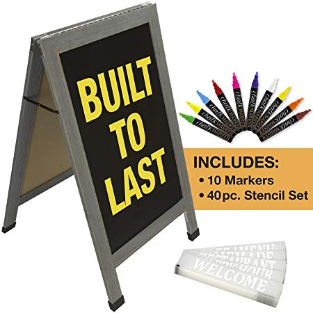 Sandwich Board Sidewalk Chalkboard Sign: Reinforced, Heavy-Duty / 10 Chalk Markers / 40 PC. Stencil Set/Chalk/Eraser/Double Sided/Large 40x23 Chalk Board Standing Sign A-Frame (Whitewash Grey)