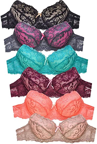 MaMia Women's Full Cup Push Up Lace Bras (Pack of 6)