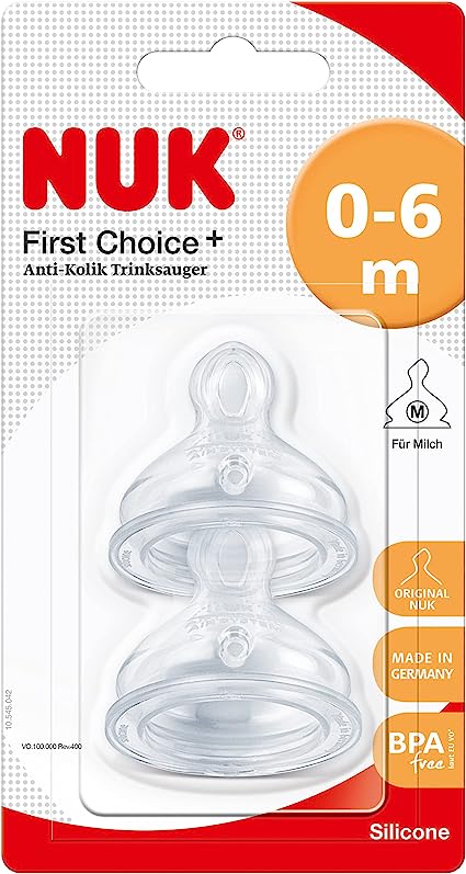 NUK First Choice  Baby Bottle Teat, 0-6 Months, Silicone with Medium Feed Hole, Anti-Colic, 2 Count