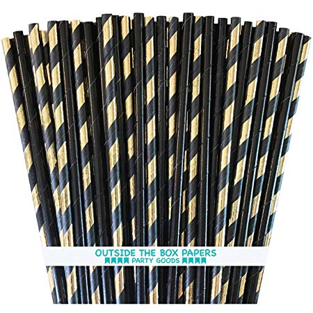 Black and Gold Foil Paper Drinking Straws - Stripe and Solid - 7.75 Inches - 100 Pack - Outside the Box Papers Brand