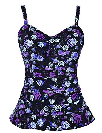 Hilor Women's 50's Retro Ruched Tankini Swimsuit Top with Ruffle Hem