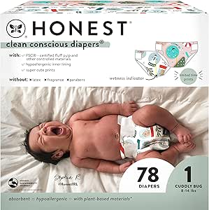 The Honest Company Clean Conscious Diapers | Plant-Based, Sustainable | Winter '24 Limited Edition Prints | Club Box, Size 1 (8-14 lbs), 78 Count