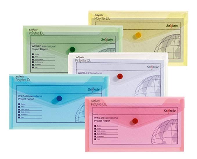 Snopake 10070 Polyfile DL Popper Wallet File with Press Stud  Classic Assorted Colours (Pack of 5)