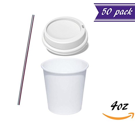 (Set of 50) 4 oz White Paper Hot Cups with Lids, BONUS Stirrers, Ideal to go Espresso Shot Cups with Travel Covers