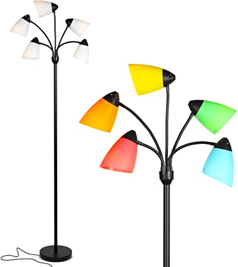 Brightech Medusa LED Floor Lamp - Multi Head Adjustable Tall Pole Standing Reading Lamp for Living Room, Bedroom, Kids Room - Includes 5 LED bulbs and 5 White & Colored Interchangeable Shades - Black