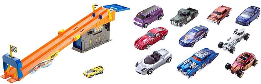 Hot Wheels Rooftop Race Garage Playset, Race to The Finish Line Then Pull Into The Garage for a Tune-up with The Rooftop Race Garage! & Wheels 10