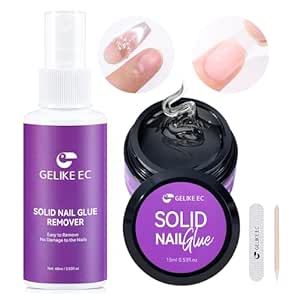 Gelike EC Solid Nail Glue Gel 15ml with Remover 60ml, Nail Glue Kit for Press on Tips