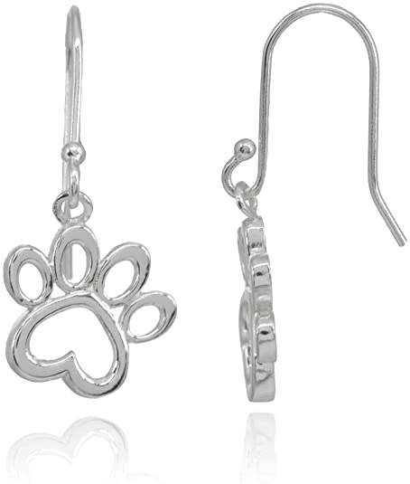 Sterling Silver Polished Animal Dog Paw Heart Dangle Earrings