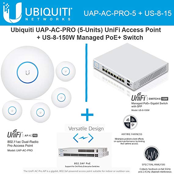 Ubiquiti Network UAP-AC-PRO-5 UniFi Access Point 5GHz Wi-Fi System 802.11ac   US-8-150W UniFi Managed Switch PoE  Gigabit 8-Ports with SFP