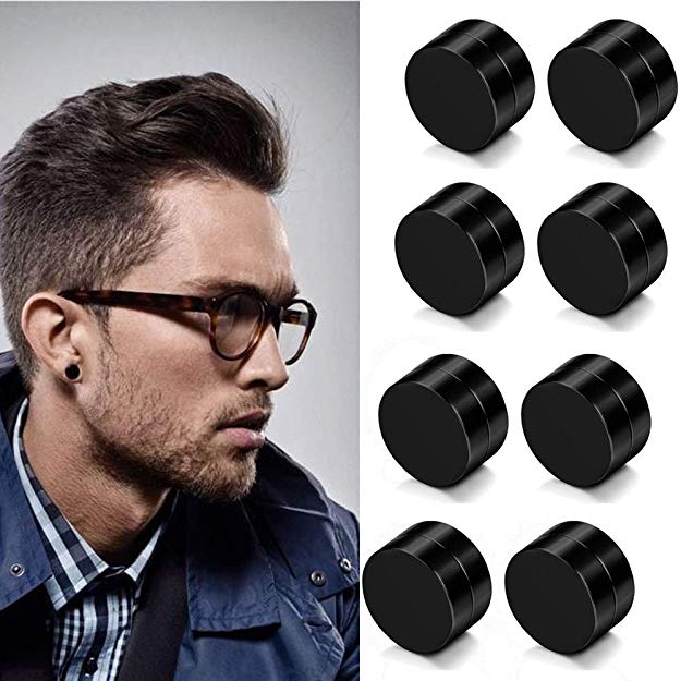 LOLIAS 4 Pairs 6-12mm Black Stainless Steel Magnetic Fake Gauges Earring Studs for Men Women Non Pierced Earrings