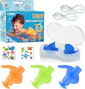 Hearprotek 3 Pairs Swimming Ear Plugs for Kids, Soft Silicone Reusable Waterproof Earplugs for Toddlers Bathing Swimming and Other Water Sports(Blue/Orange/Green)