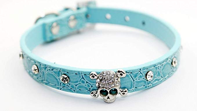 Namsan Adjustable Small Puppy Dog Pet Doggie Cats Leather Collars Necklaces With Crystal Skull S -blue