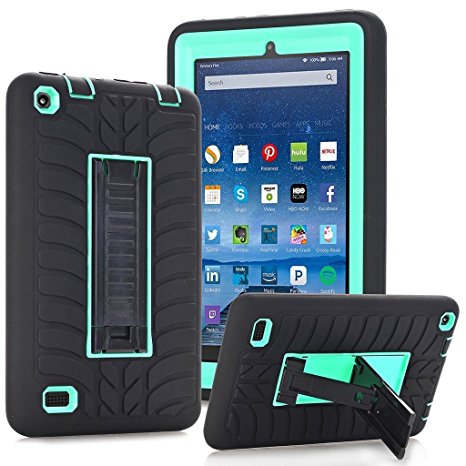 MouKou All New Fire HD 8 Case Premium High Impact Resistant Heavy Duty Armor Defender Case Cover with Build in Kickstand for All New Fire HD 8 2016 6th Release(Black with Aque)