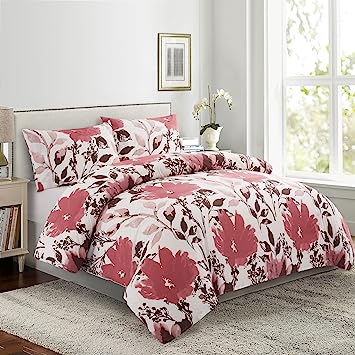 Marina Decoration Ultra Soft Silky Zipper Rich Printed Rayon from Bamboo All Season 2 Pieces Duvet Cover Set with 1 Pillowcase, Pink Red Floral Pattern Twin/Single Size