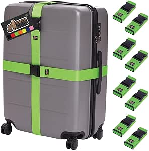 Gorilla Grip Heavy Duty 8 Pack Adjustable Luggage Straps for Suitcases, Easy to Identify Travel Belt Connector Holds Suitcase Together, Extends Life of Bag, Strap Connects Two Bags, Accessories Green