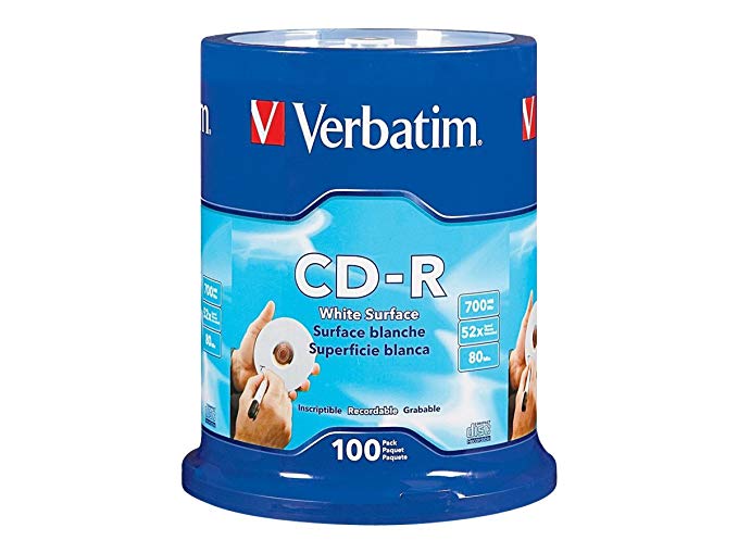 Verbatim CD-R 700MB 80 Minute 52x Recordable Disc with Blank White Surface - 100 Pack Spindle