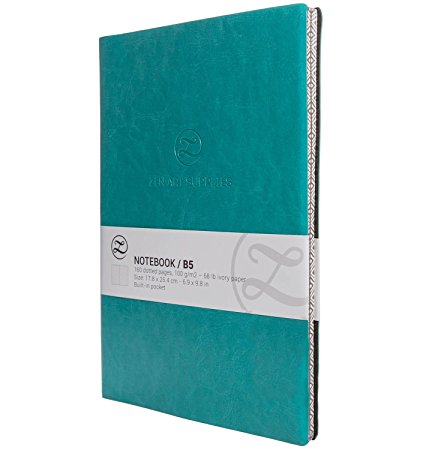 ZenArt’s BULLET JOURNAL NOTEBOOK - With a Durable PU Leather Bound Cover, 160 Pages (80 Sheets) of Smooth Ivory Dotted Paper, size B5 (7” x 10”), Expandable Inner Pocket and 2 Bookmarks