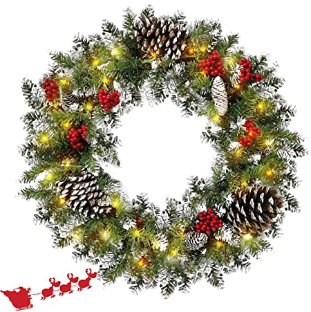 Christmas Wreath, Large Christmas Winter Home Adornment with 50 Lights and Mixed Decorations for Front Door Window Staircase Outdoor (18 inch - Battery Not Included)