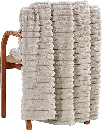 softan Warm Fuzzy Faux Fur Blanket, Soft Striped Fleece Throw Blanket for Couch Sofa Bed Living Room, Beige/Cream White - Single - 130 x 150 cm