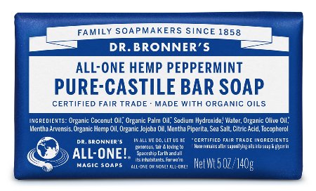 Dr Bronners Magic Soaps Pure-Castile Soap All-One Hemp Peppermint 5-Ounce Bars Pack of 6