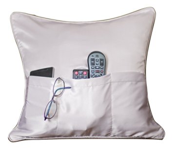 All-Purpose Pillow Cover with 3 Roomy Organizer Pockets | Remote Control Organizer | Fits Standard 18x18 Inch Pillows | Satin Fabric