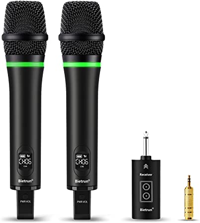 UHF Rechargeable Wireless Microphone with Bluetooth, Bietrun Metal Dual Handheld Dynamic Mic, Work Time 7 Hrs, 1/4‘’＆1/8‘’Output, for Karaoke, Amplifier, PA System, Party Singing, Church(168ft Range)