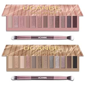 UCANBE 2 PCS Eyeshadow Makeup Palette Kit, 12 Color Naked Nude Eye Shadow Set, Neutral Matte Shimmer Make Up Pallet With Double-Ended Brush, Highly Pigmented Long Lasting Waterproof