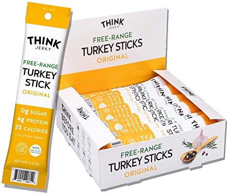 Original Free-Range Turkey Sticks by Think Jerky — Sugar Free, Gluten Free, Non-GMO, No Nitrates Jerky Snack — Keto, Paleo Compliant — High Protein, Low in Carbs — 0.5 oz (20 Pack)