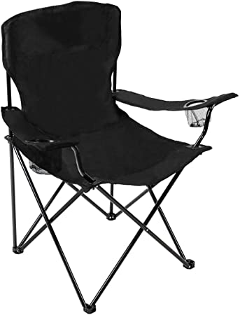 Pacific Pass Quad Chair for Camping and Fishing with Two Cup Holders, Carry Bag Included, Supports 225lbs, Middle, Black