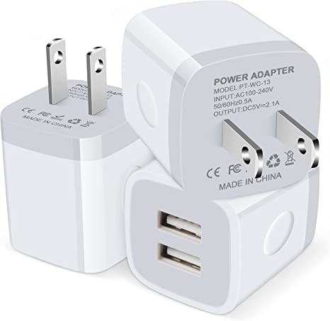 3Pack USB Wall Charger, 2.4A Dual USB Port Cube Power Plug Adapter Fast Wall Charger Block Phone Charging Box Brick for iPhone 13/13 Pro/13 Pro Max/12, Samsung Galaxy S22 S21 S20, Pixel, Android-White