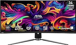 MSI MAG 341CQP QD-OLED 34 Inch UWQHD Curved Gaming Monitor - 1800R, 3440 x 1440 Quantum Dot OLED Panel, 175Hz / 0.03ms, 99% DCI-P3, ΔE≤2, DisplayHDR True Black 400, KVM - DP 1.4a, HDMI 2.1, USB Type-C