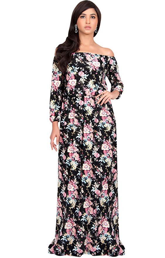 KOH KOH Womens Off Shoulder Summer Floral Print Cute Boho Long Sleeve Maxi Dress