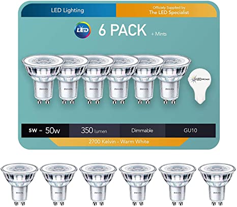 Philips Signify Gu10 LEDSpot Gu10 5w-50w Equivalent (Replaces Classic 5.5w Gu10) 2700k, 36˚ Beam Angle, Free TheLEDSpecialist Mints - 6 Pack