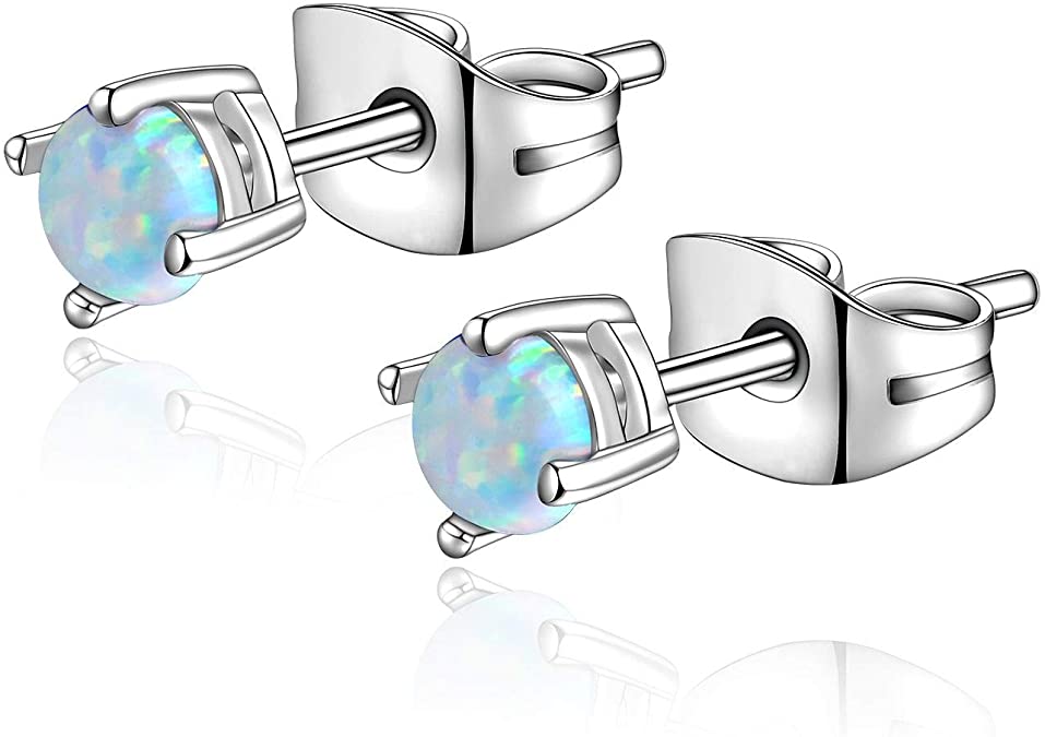 Candyfancy 20G Opal Stud Earrings Surgical Steel Pierced Earrings Double Lobe Earrings for Women Men