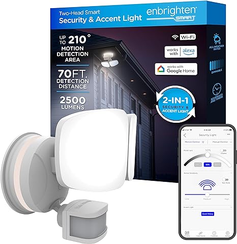 Enbrighten LED Wi-Fi Smart Security Light, App Control, Motion Activated, Dual Head, White, ETL Listed, UV Resistant, 2500 Lumens, 4000K, Flood Light for Patio, Yard, Garage, Driveway, 58242