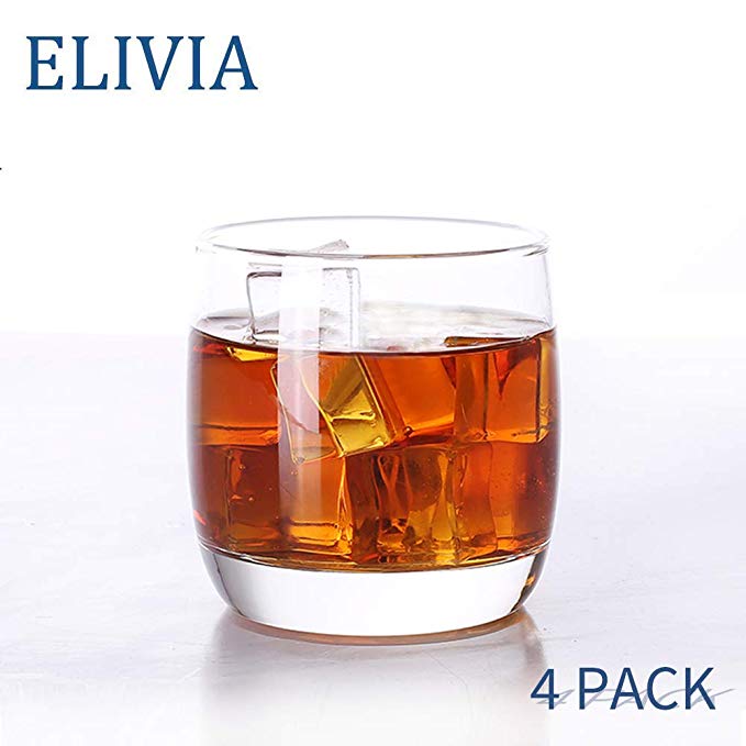 ELIVIA Old Fashioned 10-Ounce Whiskey Glasses Set of 4, Rock Style Lead Free Crystal Glassware for Scotch, Bourbon and Cocktails