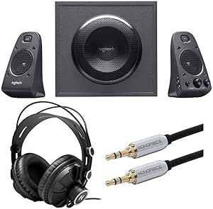 Logitech Z625 Powerful THX Sound 2.1 Speaker System Bundle with Headphones and Audio Cable (3 Items)